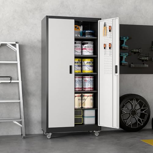 Garage Storage Cabinet with Wheels, 72" H, 2 Doors, 4 Adjustable Shelves, Black R4307