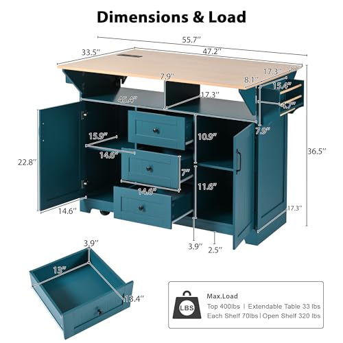 Foldable Kitchen Storage Island Cart with Drop Leaf Extensions and Wheels C5218