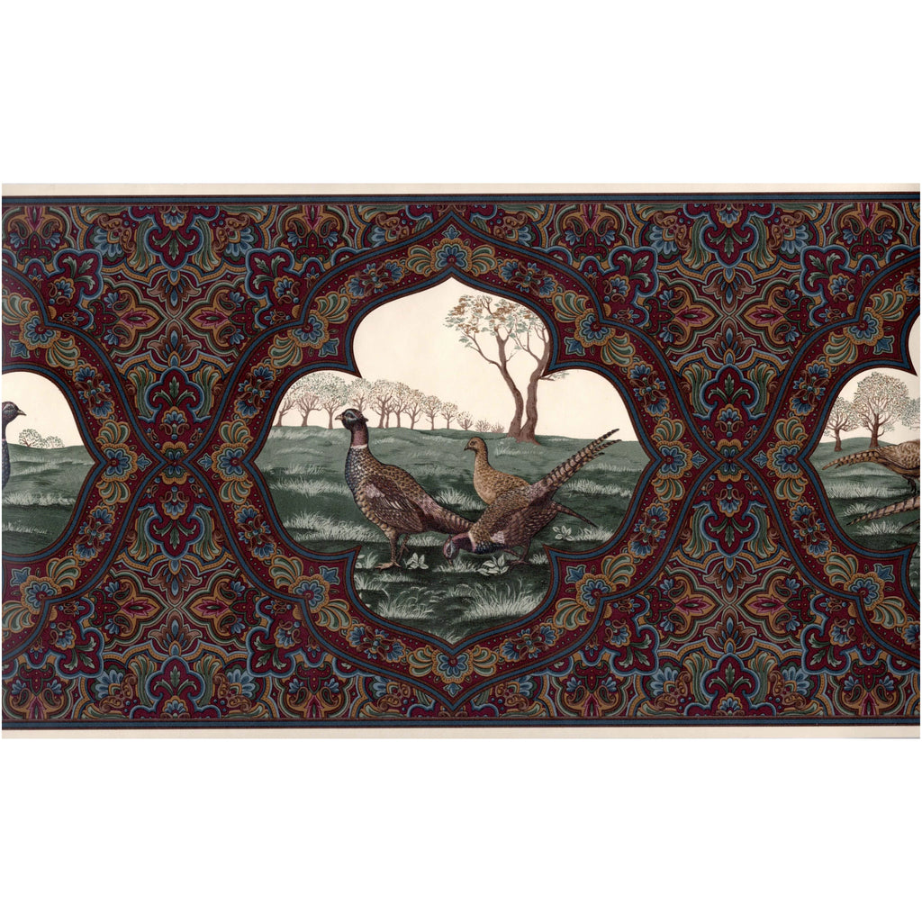 Vintage Paisley Pheasants Wallpaper Border, Dark Burgundy, 15 ft L x 10.25 in W O2429