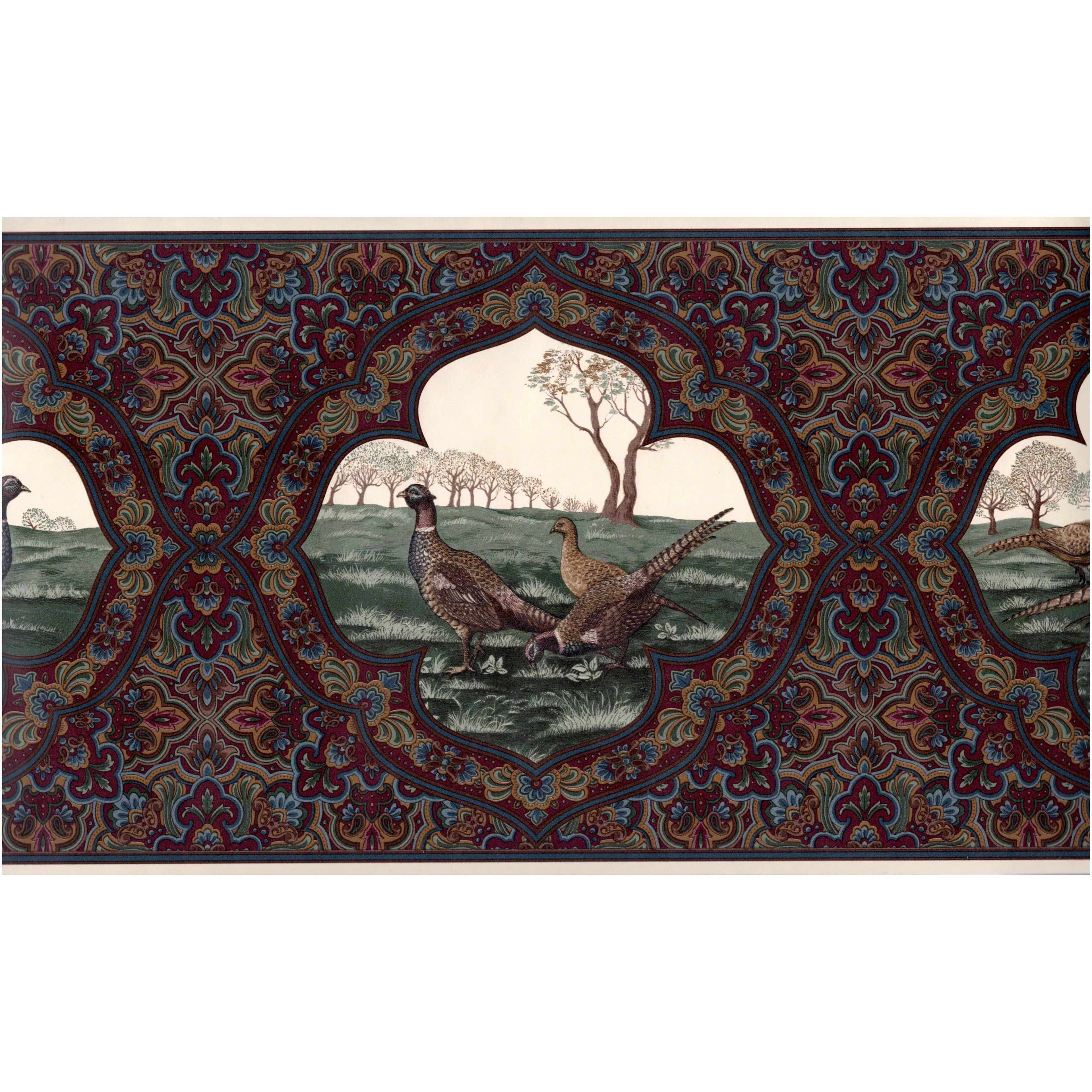Vintage Paisley Pheasants Wallpaper Border, Dark Burgundy, 15 ft L x 10.25 in W O2429