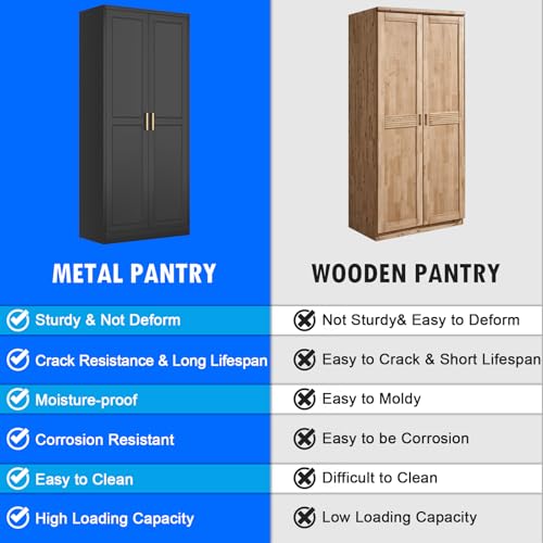 Tall Kitchen Storage Cabinet with Doors and Adjustable Shelves, Black Freestanding Cupboard J20442