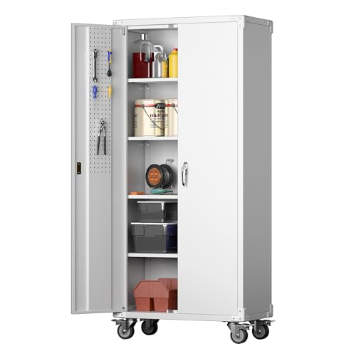 Metal Storage Cabinet with Wheels, 73" H, Locking Doors and Adjustable Shelves A1751