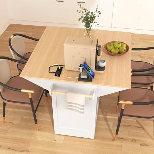 Large Kitchen Island with Drop Leaf, Rolling Cart, Power Outlet and Storage A3211