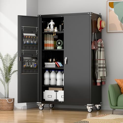 Metal Storage Cabinet with Wheels, 73" H, Locking Doors and Adjustable Shelves A1751