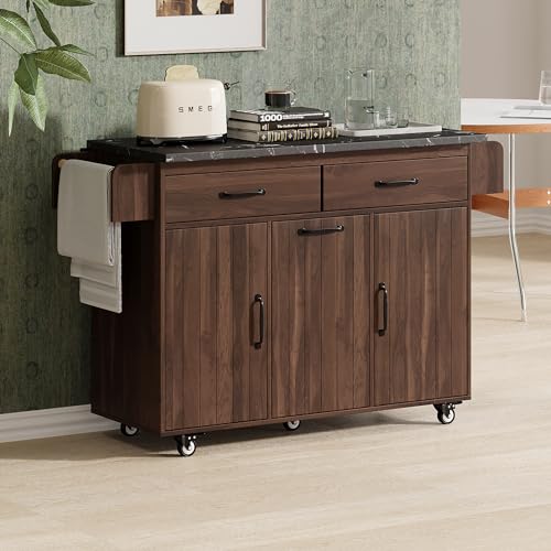 Farmhouse Kitchen Island with Drop Leaf, Barn Door and Power Outlet C3058