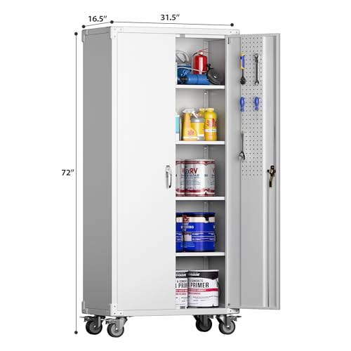 Metal Storage Cabinet with Wheels, 73" H, Locking Doors and Adjustable Shelves A1751