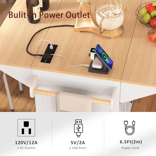 Large Kitchen Island with Drop Leaf, Rolling Cart, Power Outlet and Storage A3211