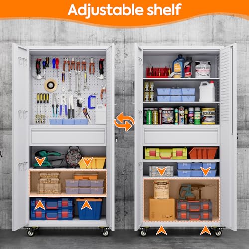 Metal Storage Cabinet with Wheels, 73" H, Locking Doors and Adjustable Shelves A1751