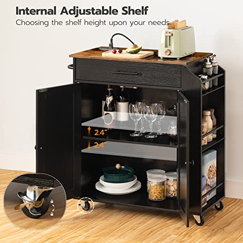 Kitchen Island with Power Outlet, Spice Rack and Drawer, Rolling Cart F495760