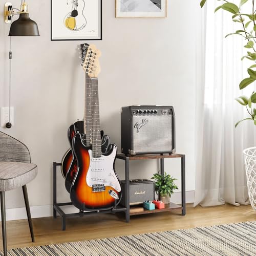 Guitar Rack, 3-Piece Floor Stand with Amp Support, Adjustable Holder for Multiple Instruments H140