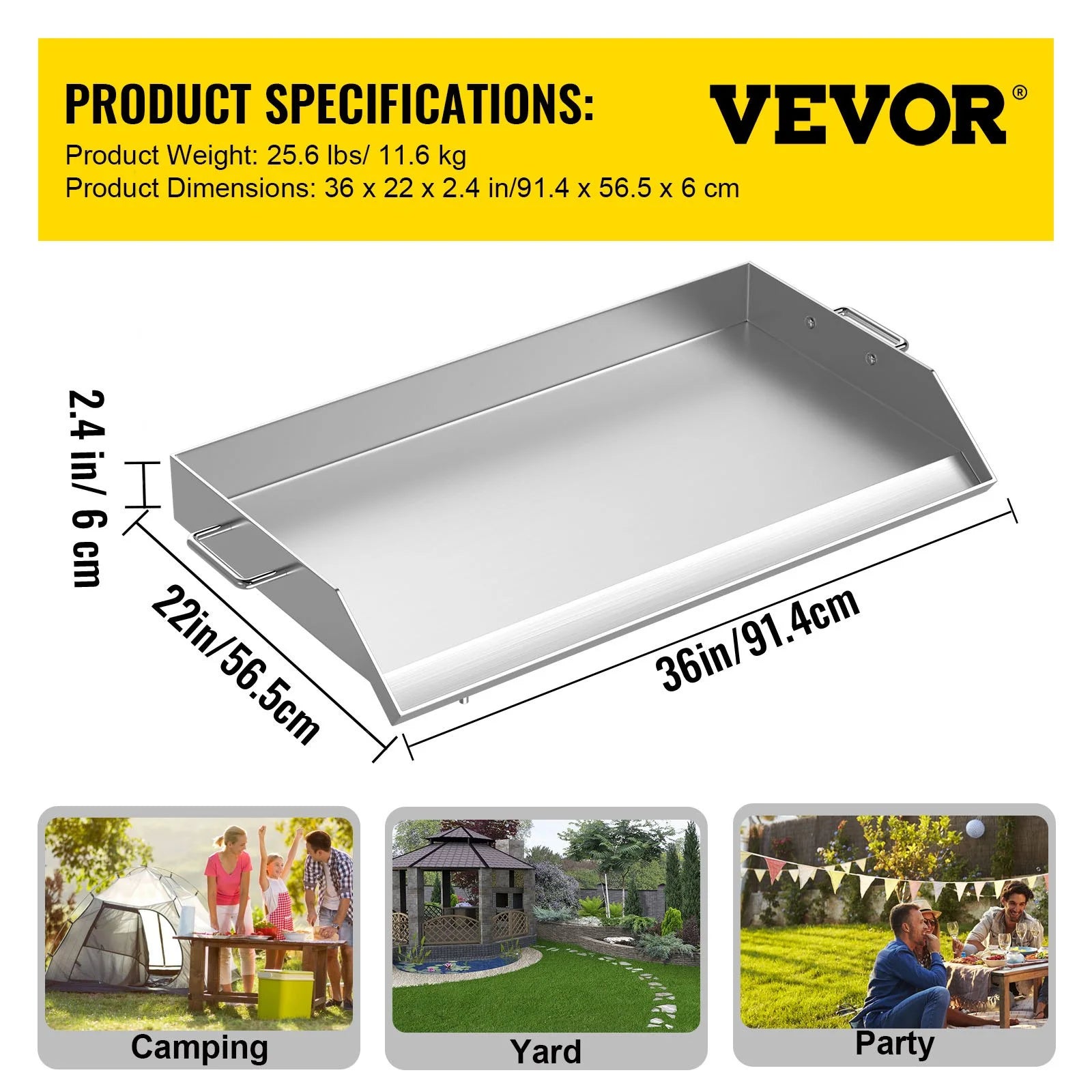 Stainless Steel Flat Top Griddle with Handles and Grease Groove V592