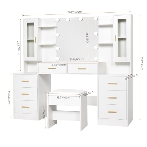 59.1" Vanity Desk with Mirror and Lights, 8 Drawers, 3 Lighting Modes N498542