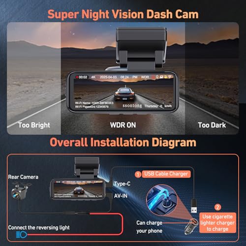 4K Front and Rear Dash Cam with WiFi GPS, 3.2" IPS Screen, Night Vision J83728