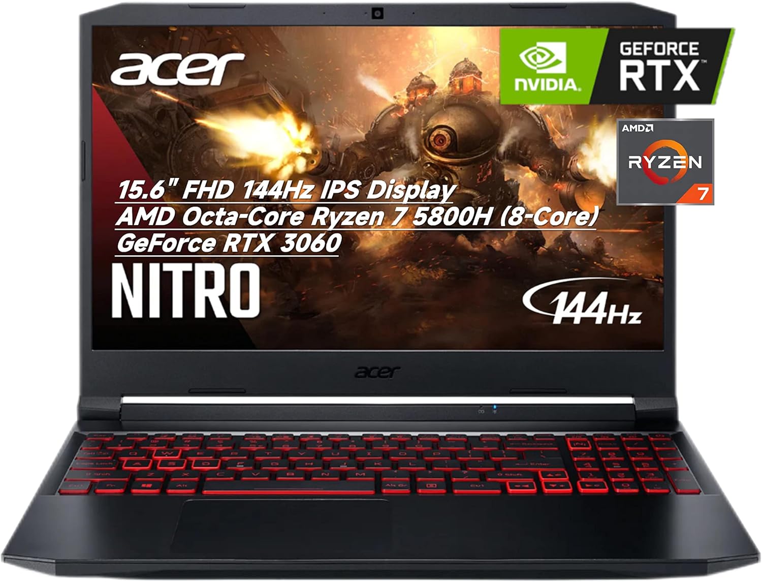 acer Nitro 5 Gaming Laptop, 15.6" 144Hz FHD IPS Display, AMD Octa-Core Ryzen 7 5800H (8-Core) (>i7-10875), GeForce RTX 3060, USB-C, WiFi 6, RGB Backlit, 16GB RAM, 1TB PCIe SSD