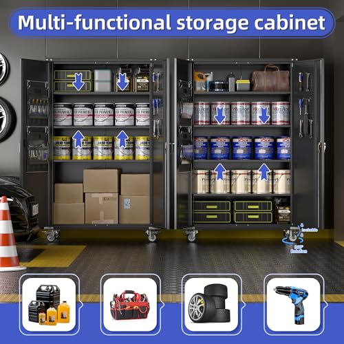 Metal Storage Cabinet with Wheels, 73" H, Locking Doors and Adjustable Shelves A1751