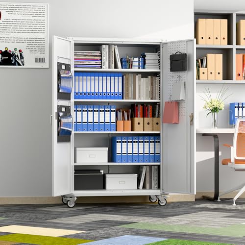 Metal Storage Cabinet with Wheels, 73" H, Locking Doors and Adjustable Shelves A1751