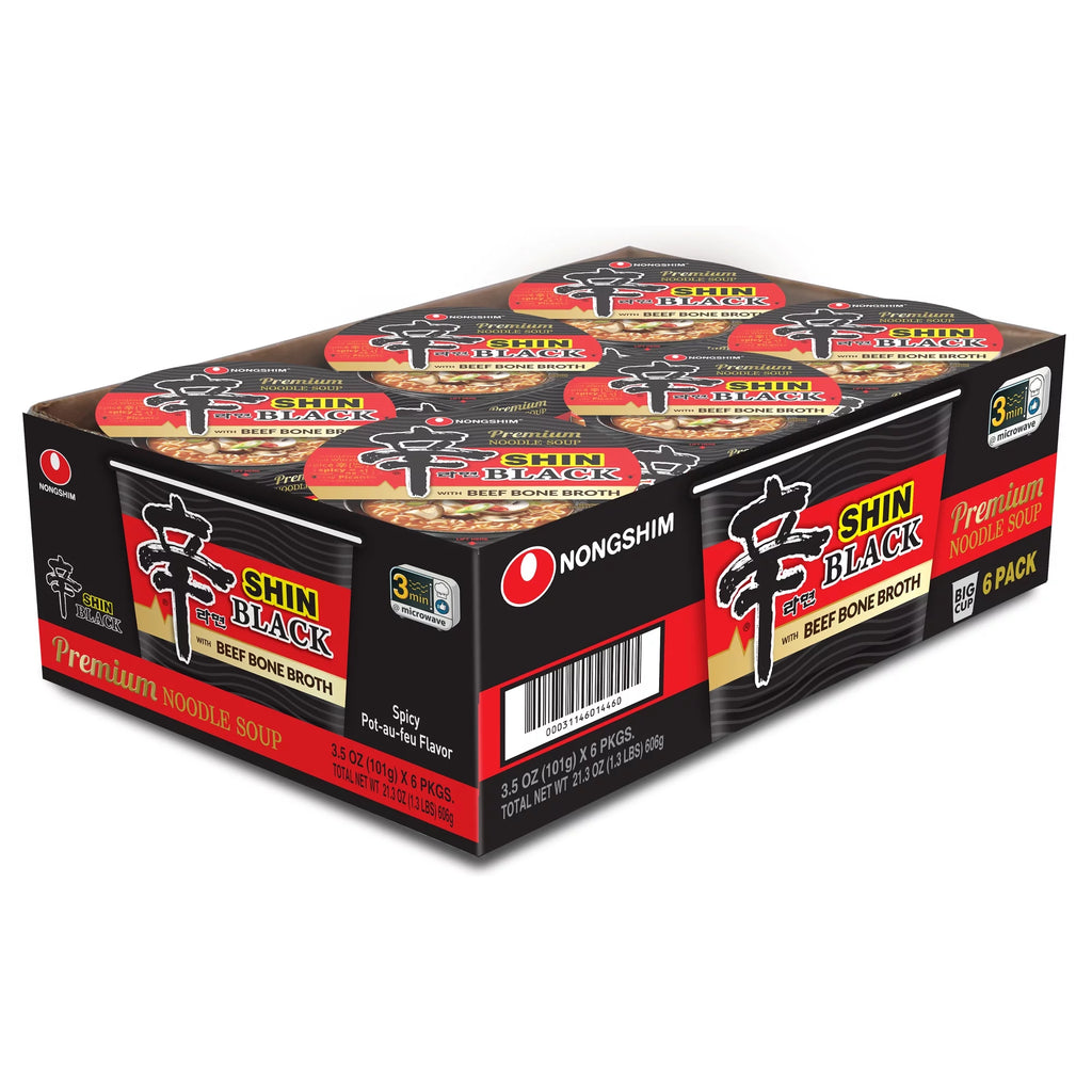 Nongshim Shin Black Spicy Beef & Bone Broth Ramyun Premium Ramen Noodle Soup Cup, 3.5oz X 6 Count