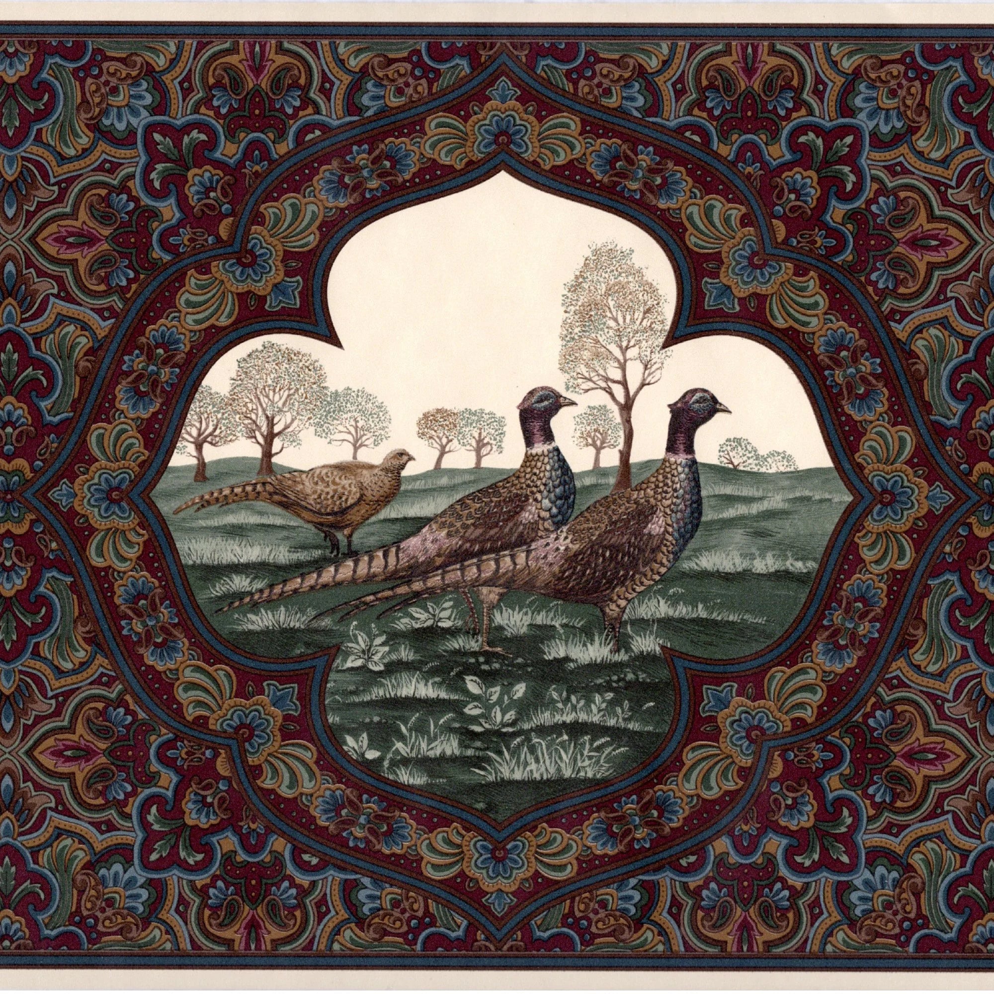 Vintage Paisley Pheasants Wallpaper Border, Dark Burgundy, 15 ft L x 10.25 in W O2429