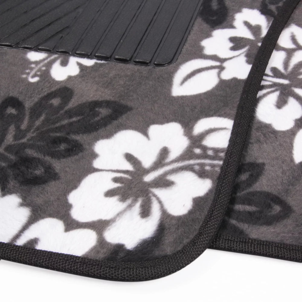 Hawaiian Hibiscus Carpet Floor Mats for Car Truck SUV - 4 Piece Set, Black & White I973141