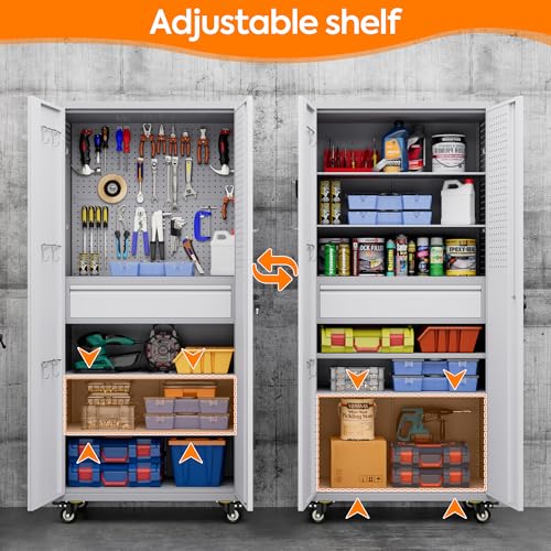 Metal Storage Cabinet with Wheels, 73" H, Locking Doors and Adjustable Shelves A1751
