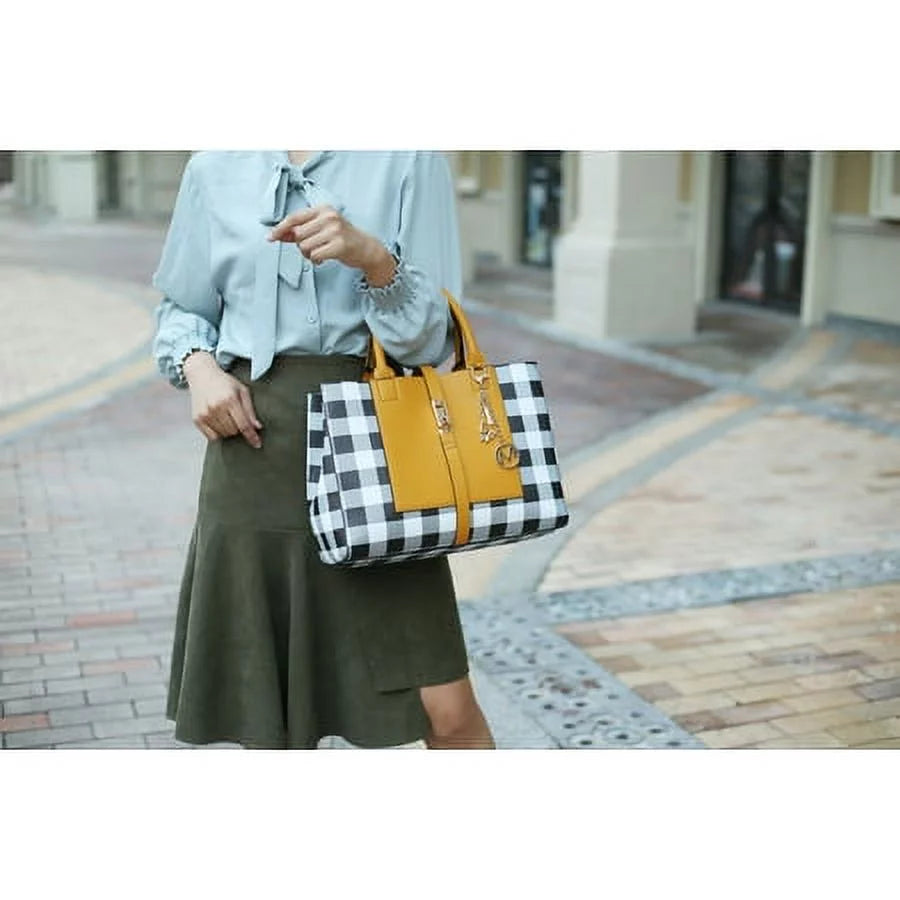 Checkered Vegan Leather Satchel Bag with Wallet 2 Piece Set E6856