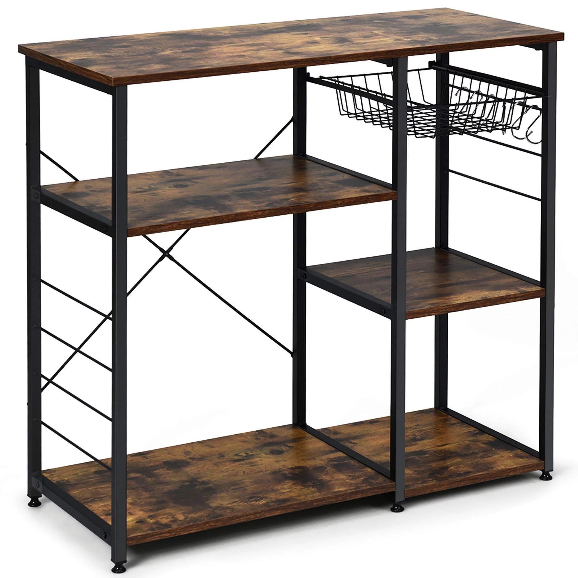 Vintage Kitchen Baker's Rack Microwave Stand Coffee Bar Table with Storage Shelf, Basket and Hooks, Rustic Brown A756397