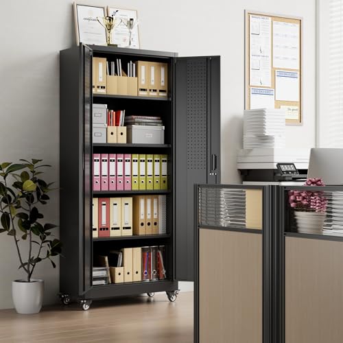 Metal Storage Cabinet with Wheels, 73" H, Locking Doors and Adjustable Shelves A1751