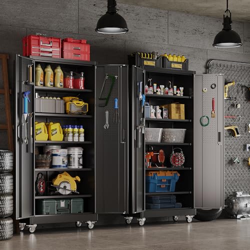 Garage Storage Cabinet with Wheels, 72" H, 2 Doors, 4 Adjustable Shelves, Black R4307