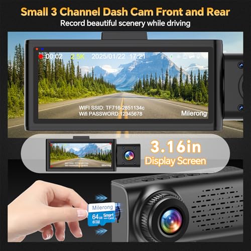 3 Channel Dash Cam Front Rear Inside, 2.5K WiFi, 1440P+1080P, 64GB Card, IR Night Vision P6249