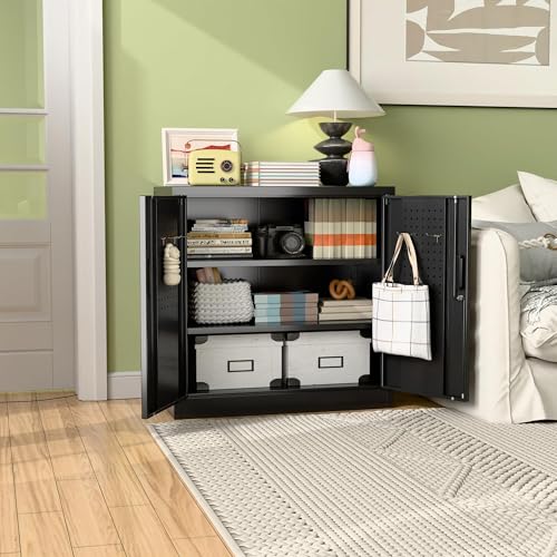 Garage Storage Cabinet with Wheels, 72" H, 2 Doors, 4 Adjustable Shelves, Black R4307
