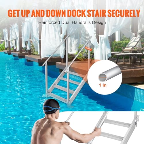 Dock Stairs Ladder 4 Step, Aluminum Adjustable Height, Non-Slip Pedals C142230