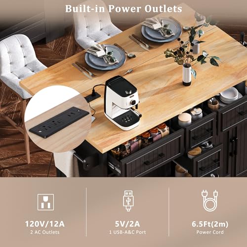 Rolling Kitchen Island Cart with Drop Leaf, Power Outlet, and 5 Open Shelves L877625