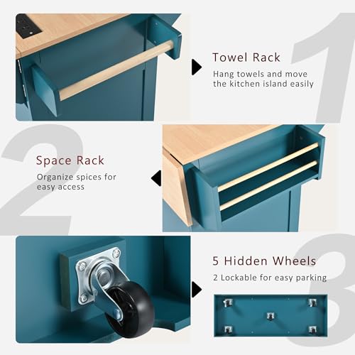 Foldable Kitchen Storage Island Cart with Drop Leaf Extensions and Wheels C5218