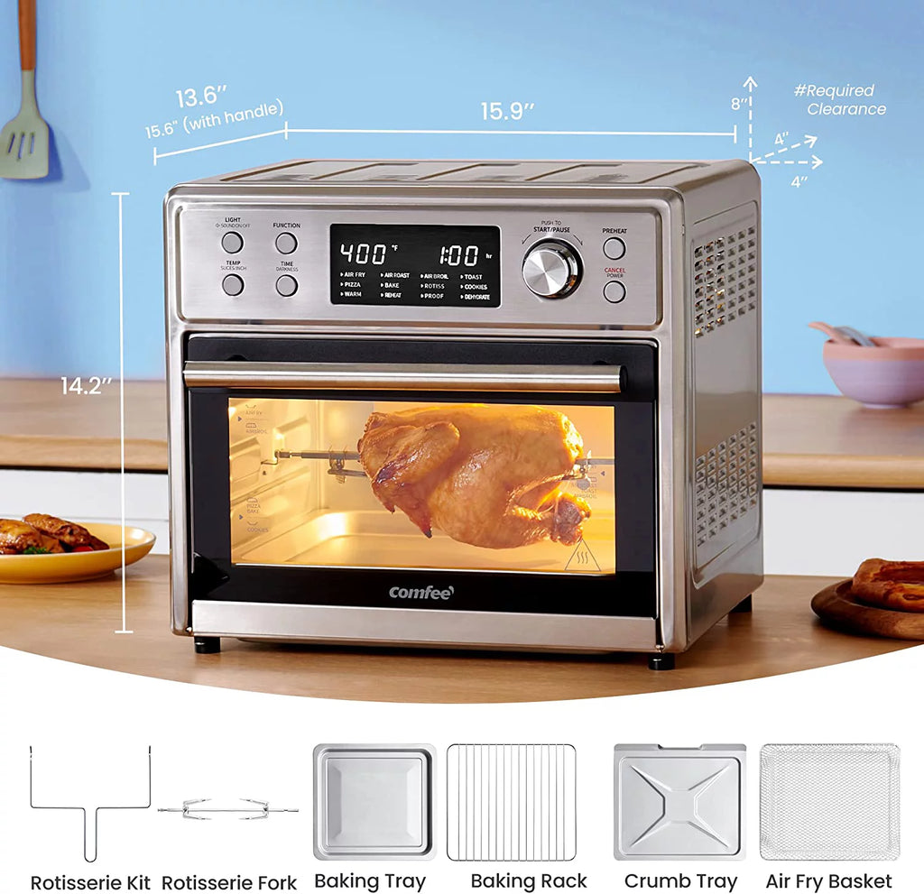 Air Fryer Toaster Oven Combo, 6 Slice Pizza Countertop Convection Oven with Rotisserie, Stainless Steel J60212