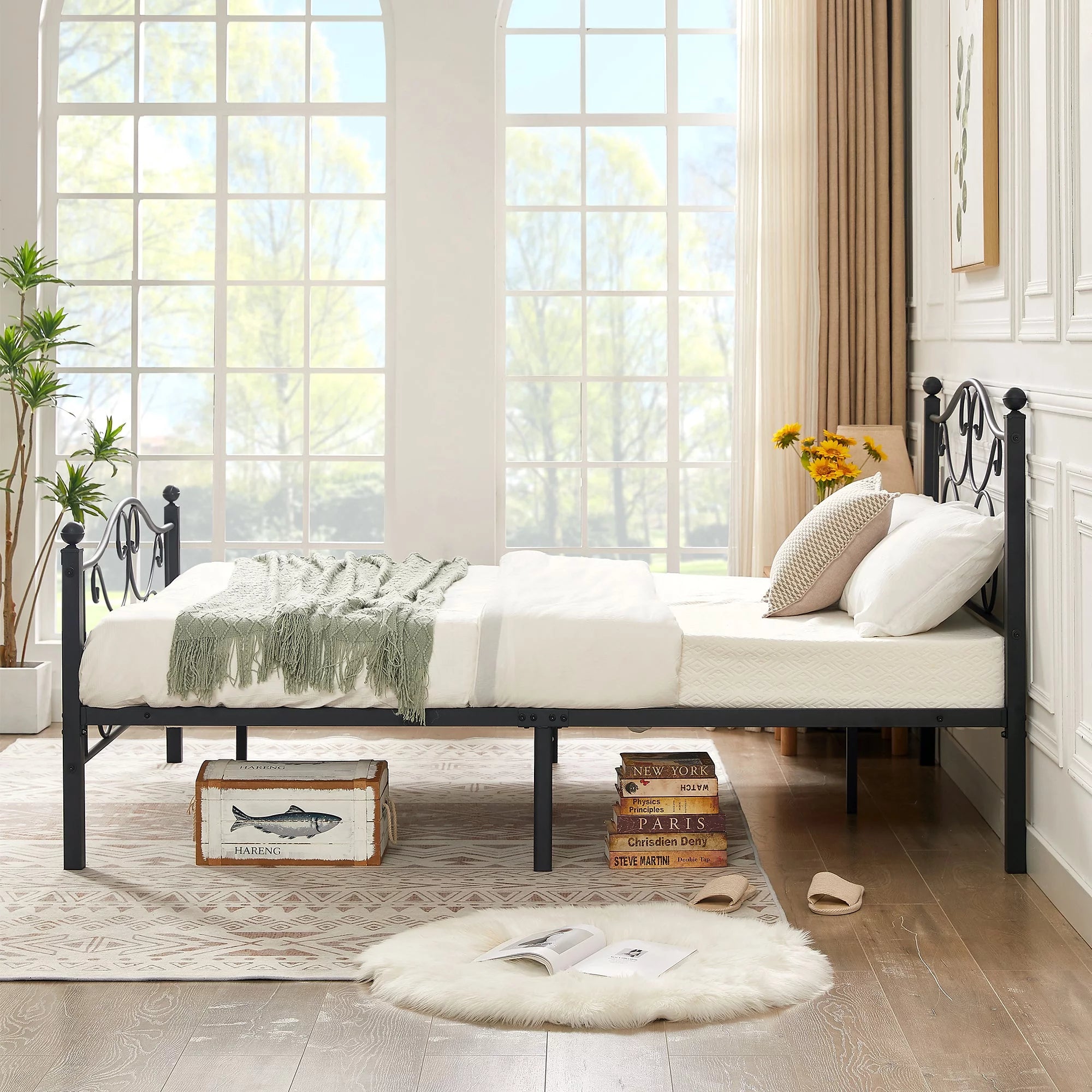 Metal Platform Bed Frame with Victorian Headboard, Full Size, Black Z6802
