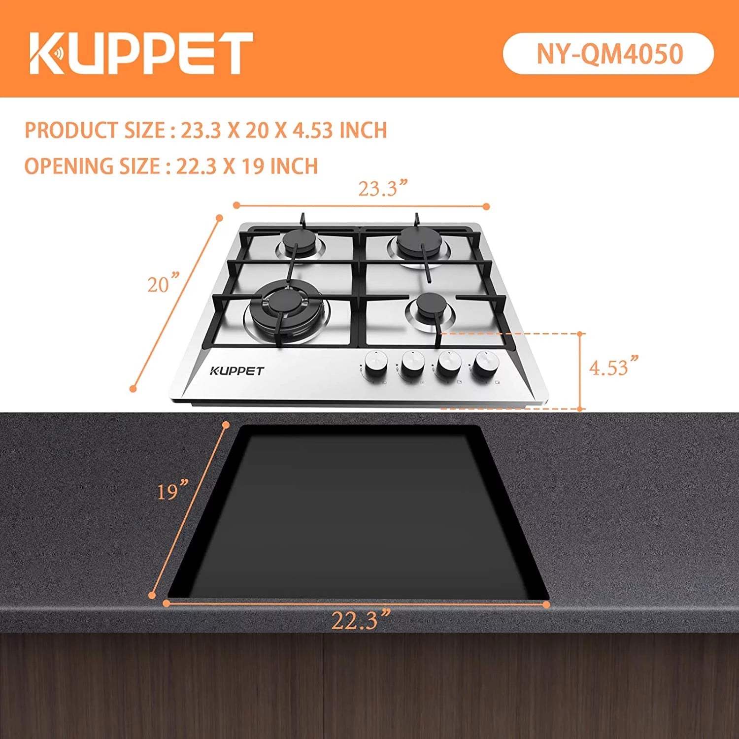24 Inch Gas Cooktop with 4 Sealed Burners, Stainless Steel, NG/LPG Convertible B691160