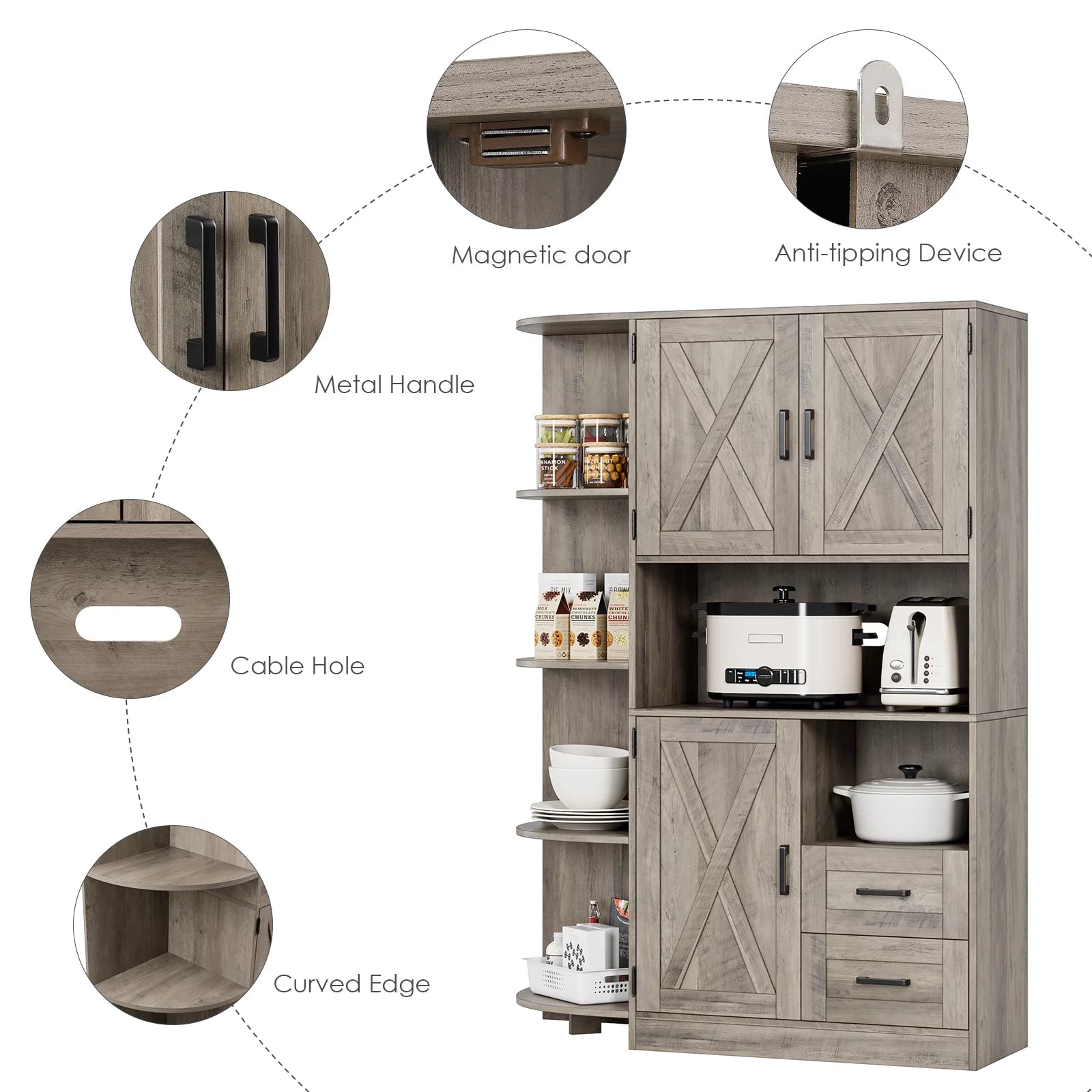 Large Kitchen Pantry with Adjustable Shelves, Wash Gray Z259