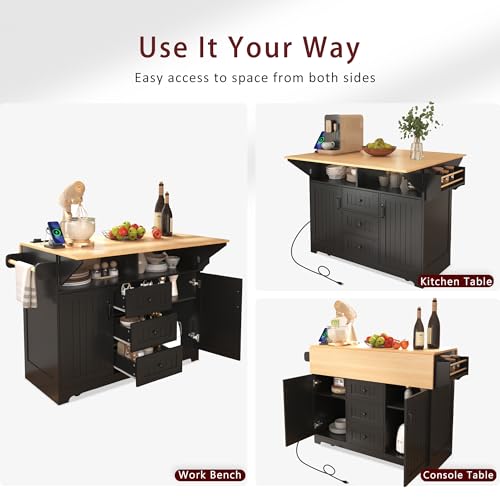 Large Kitchen Island with Drop Leaf, Rolling Cart, Power Outlet and Storage A3211
