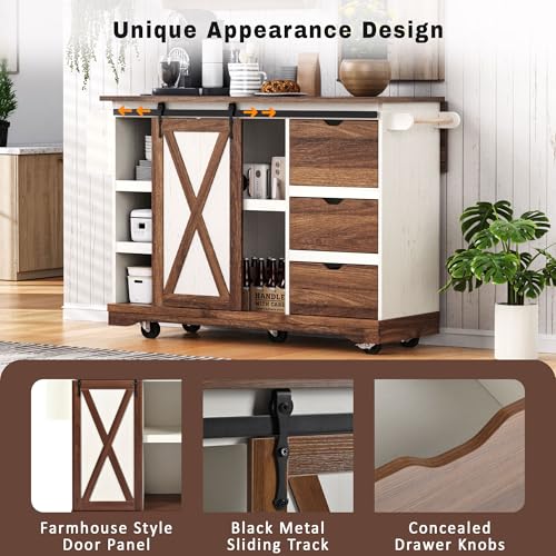 Farmhouse Kitchen Island with Drop Leaf, Barn Door and Power Outlet C3058