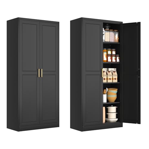 Tall Kitchen Storage Cabinet with Doors and Adjustable Shelves, Black Freestanding Cupboard J20442