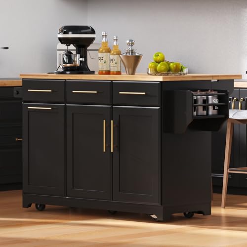 Farmhouse Kitchen Island with Drop Leaf, Barn Door and Power Outlet C3058