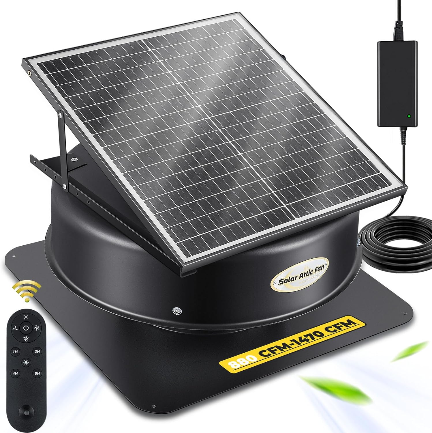 Hybrid Solar Attic Fan with Remote Control 40 Watt Solar Powered Attic Fan, 880-1470 CFM Roof Exhaust Fan, 5-leaf Aluminum Alloy Fan