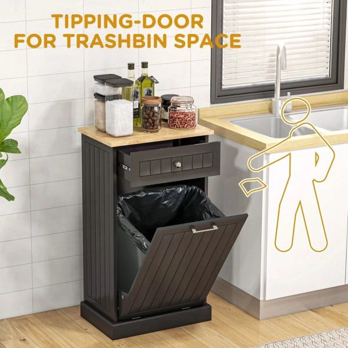 Tilt Out Trash Bin Cabinet with Drawer, Freestanding Laundry Sorter X246
