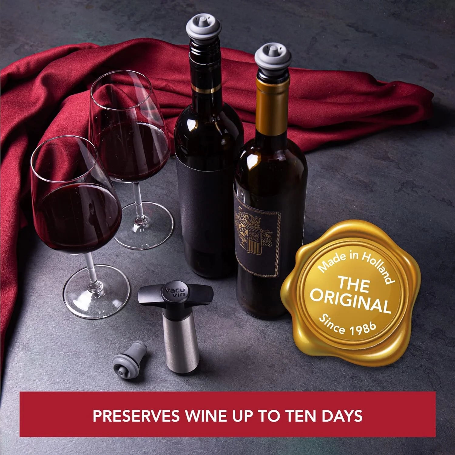Wine Saver Pump with Vacuum Stoppers, Stainless Steel, Set of 4 E625