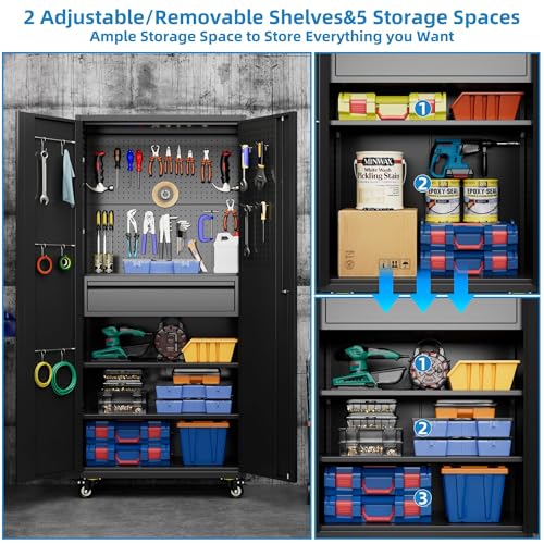 Metal Storage Cabinet with Wheels, 73" H, Locking Doors and Adjustable Shelves A1751