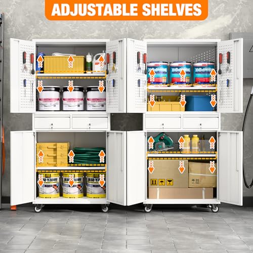 Metal Storage Cabinet with Wheels, 73" H, Locking Doors and Adjustable Shelves A1751