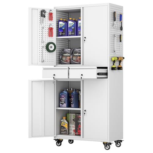 Metal Storage Cabinet with Wheels, 73" H, Locking Doors and Adjustable Shelves A1751