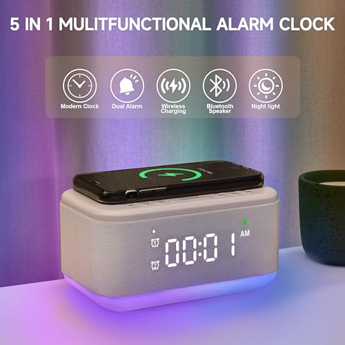 Wireless Charging Alarm Clock Speaker with Bluetooth, Dimmable Night Light K3994