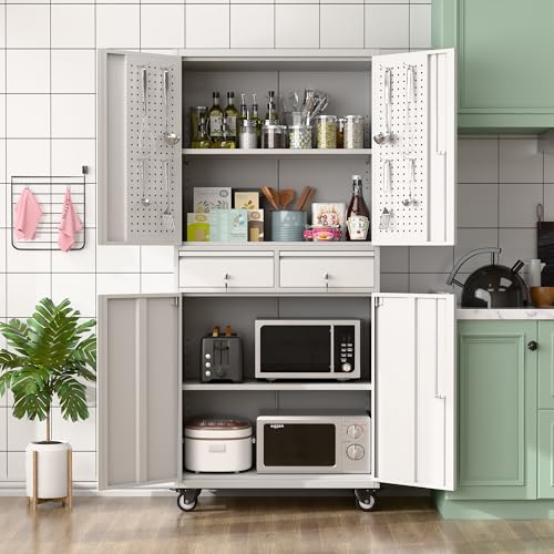 Metal Storage Cabinet with Wheels, 73" H, Locking Doors and Adjustable Shelves A1751