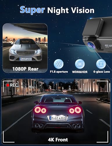 Dash Cam Front and Rear, 4K+1080P WiFi Dual Dash Cam with APP, 3" IPS, Night Vision, 24/7 Parking Monitor C45315